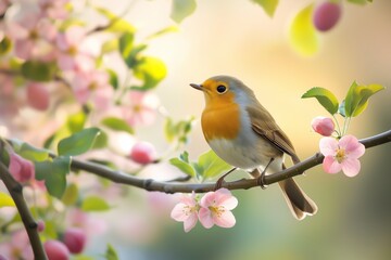 Little bird Robin sitting on a branch of a flowering pink Apple tree in the spring garden of may 