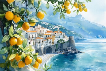 Coastal Italian Village with Lemon Trees and Scenic Seascape in Watercolor Art
