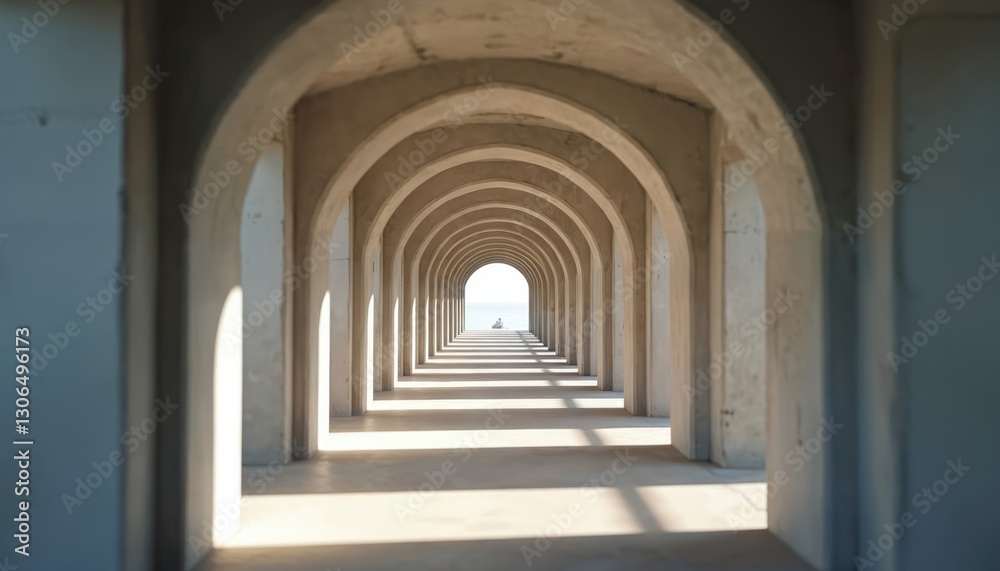 Poster long hallway with series of concrete arches, light streams, shadow falls on floor, structure shows s