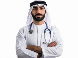 Emirati doctor standing on white background