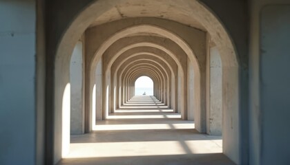 Naklejka premium Long hallway with series of concrete arches, light streams, shadow falls on floor, structure shows symmetric repeating monotone pattern. Building design creates depth, perspective effect. Man