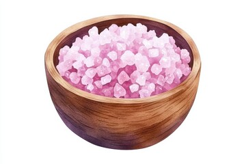Watercolor pink himalayan salt in a rustic bowl kitchen setting food art cozy environment aesthetic perspective, isolated on white background