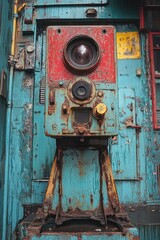Close-up of an old camera on a blue wall