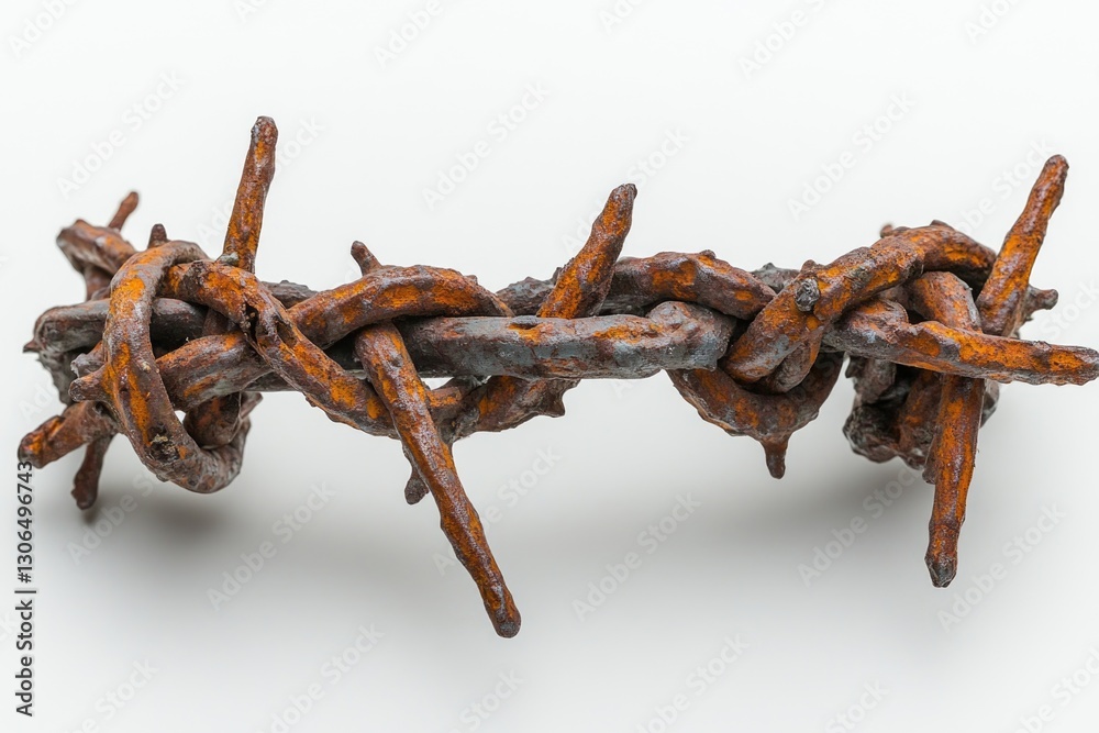 Poster close-up shot of barbed wire on a white background, useful for abstract designs or representing boun