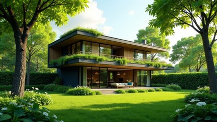 Modern Two-Story Home Nestled in Lush Greenery with Expansive Windows and Green Roof