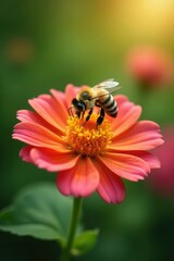 A bee diligently gathers nectar from a vibrant summer bloom , green, picture, wildlife