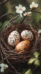 Obraz premium Natural twig nest cradling three speckled eggs gently.