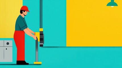 Male Worker Using Floor Polisher in Pixel Art Style