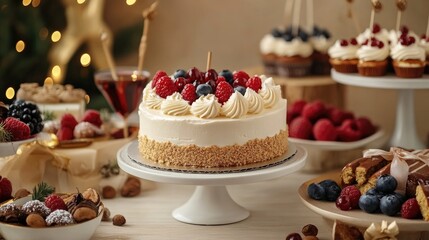 A beautifully decorated white cake with fresh berries on display