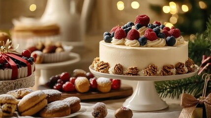 Naklejka premium A delicious decorated cake surrounded by pastries and other baked goods