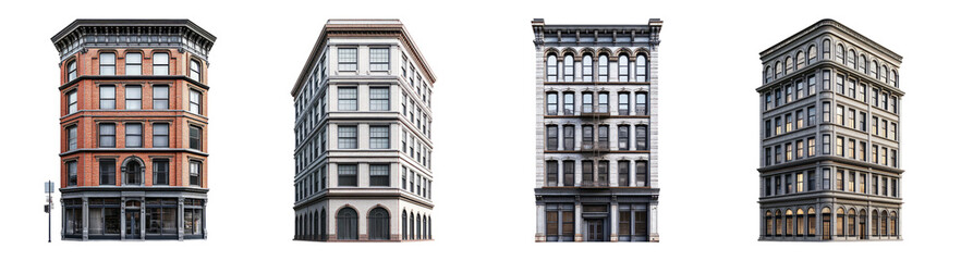 Obraz premium Architectural Styles of Classic City Buildings with Unique Facades, Isolated on Transparent Background