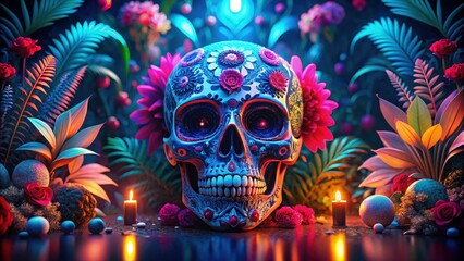 Ornate Sugar Skull Amidst Vibrant Tropical Flora and Glowing Candles