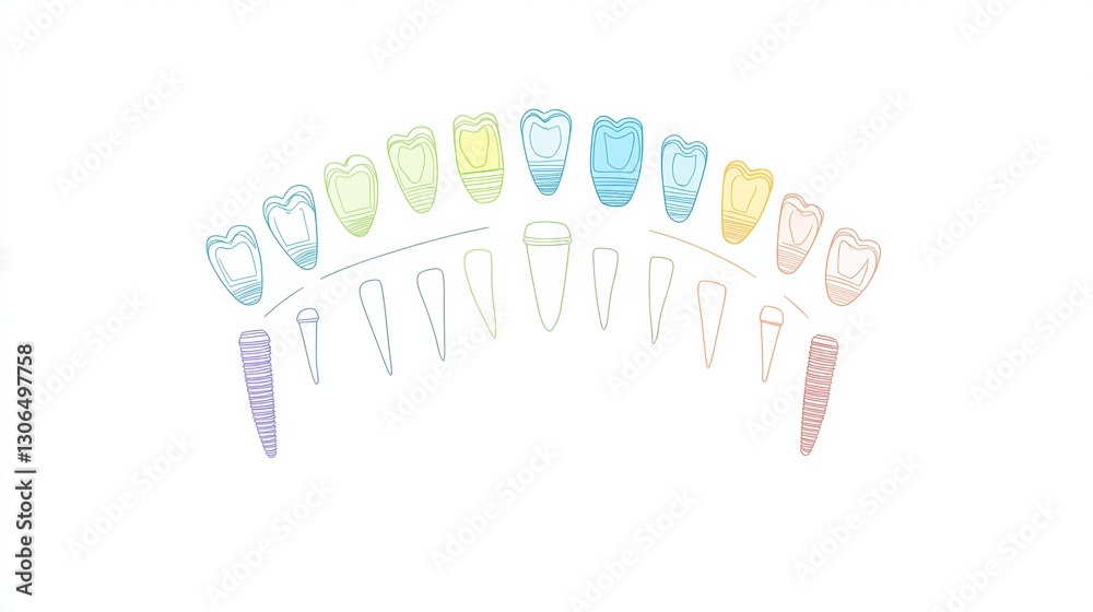 Poster minimalist dental arch illustration featuring colorful implants and clean lines for educational use 