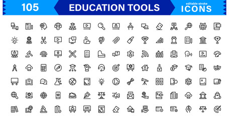 Education Tools Icon Set. High-Quality Icons for Classroom, Learning, Teaching, and Study Resources Designs
