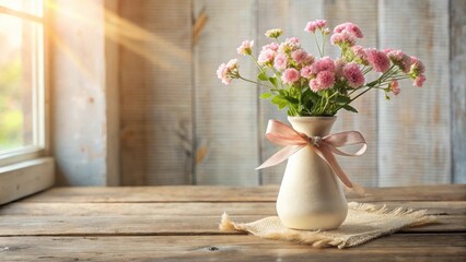 Sunlit Rustic Still Life Delicate Pink Flowers in a Cream Vase on a Wooden Table