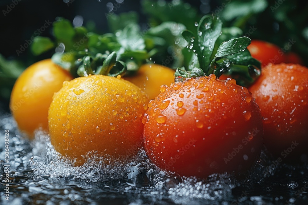 Poster fresh tomatoes arranged on a table