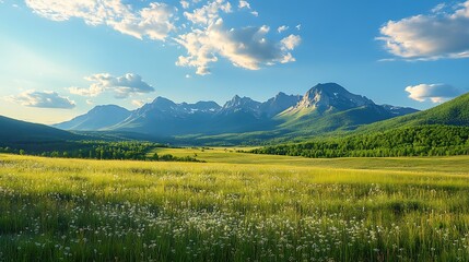 Meadow blooms, mountains rise under blue sky