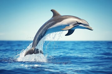 Fototapeta premium Dolphin leaping out of the ocean waves, capturing its graceful movement and power