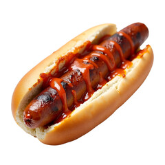 Grilled sausage in a soft bun, topped with ketchup, placed on an isolated white background.