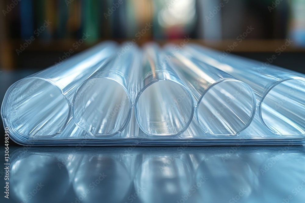 Aufkleber A collection of transparent plastic tubes arranged neatly on a surface, suitable for use in scientific or laboratory settings