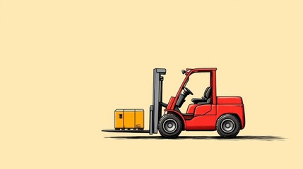 Red Forklift Lifting Yellow Box, Simple Illustration