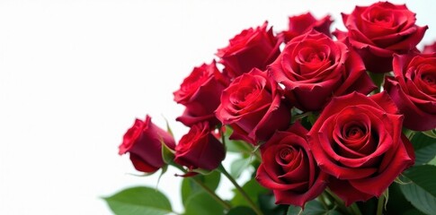A dozen deep red roses, lush and full, against pure white, object, photography
