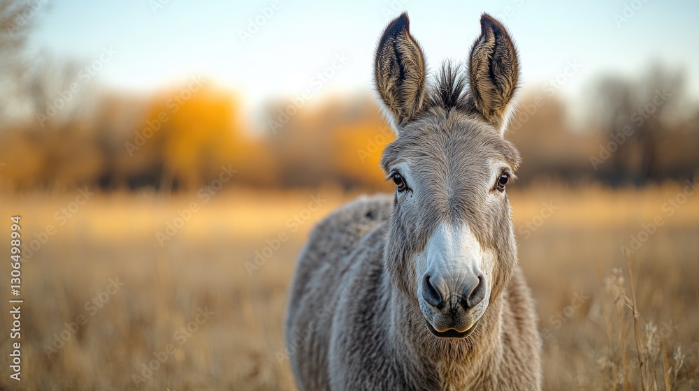 Poster a donkey standing in a green field with trees in the background, suitable for agriculture or rural-t