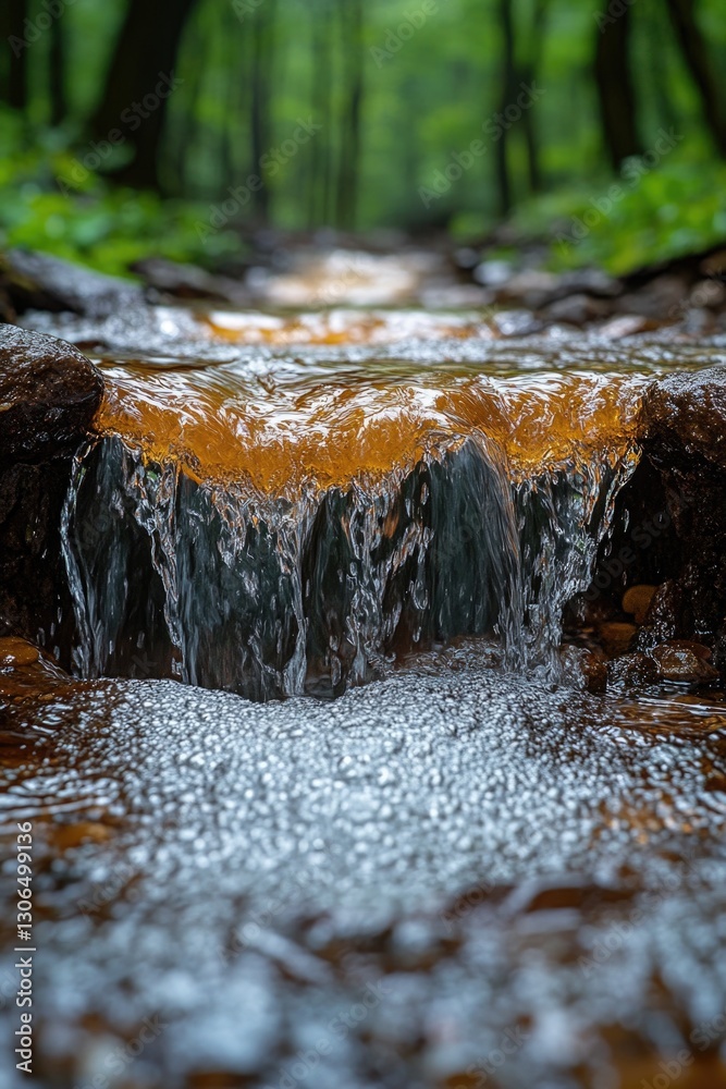 Poster a serene scene with a stream flowing through a dense forest, perfect for use in outdoor or nature-th