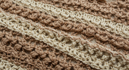 Detailed Close Up of Hand Crocheted Texture Beige and Brown Yarn intricate Stitch Pattern