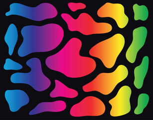 Abstract vector pattern with colorful splashes. Vibrant rainbow gradient blot shapes isolated on black background, copy space.