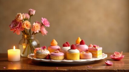 A delightful arrangement of pink and yellow pastries, adorned with fresh raspberries and edible flowers, presented on a white serving plate, accompanied by a burning candle and a vase of pink roses.