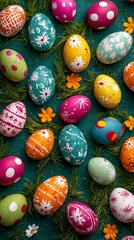 Vibrant assortment of decorated Easter eggs on grass