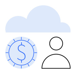 Simplified cloud above dollar coin and user figure representing cloud-based financial tools. Ideal for finance, cloud storage, digital services, user management, fintech, savings, online banking