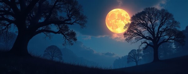 Obraz premium Eerie, glowing moon hangs over silhouetted trees , haunted, night sky, fantasy