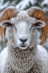 Close-up shot of a sheep with impressive horns, suitable for agricultural or nature-themed designs