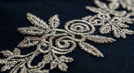 Exquisite Silver Thread Embroidery on Dark Fabric Close Up Detail Shot