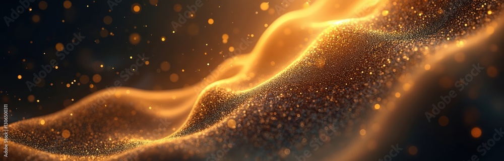 Fototapete Golden wave of blurred particle glitter. Abstract dynamic mesh, big data tech visual. Yellow, red glow graphic wallpaper, techno backdrop. Modern digital noise design, smooth motion effect.