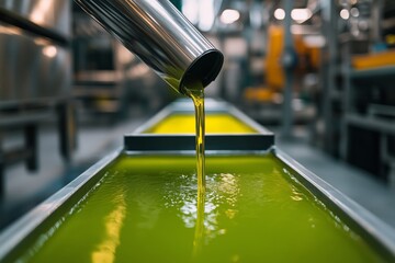 Olive oil streaming through metal pipe into stainless container during industrial food production processing - obrazy, fototapety, plakaty
