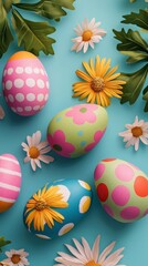 Fototapeta premium Colorful hand-painted eggs with floral motifs and leaves