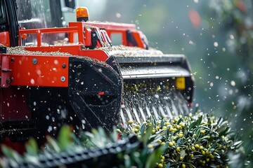 Mechanical harvester picking ripe olives amid verdant mediterranean grove, supporting agricultural olive oil production process