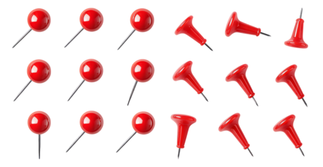 Collection of Red Push Pins and Tacks on White Background, PNG bundle collection, Isolated on Transparent Background