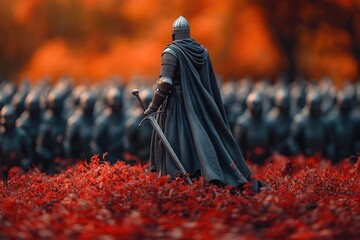 A person dressed in a cloak and holding a sword stands amidst a field of red leaves