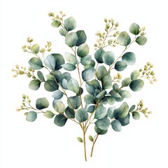 Obraz premium A delicate watercolor illustration of eucalyptus leaves and buds, showcasing soft greens and a natural, organic aesthetic.