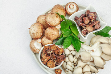 Assortment of various mushrooms - fresh, dried and pickled. Oyster, cremini, porcini and shiitake