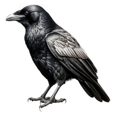 Fototapeta premium Black bird standing still, isolated png transparent background. Raven with dark feathers. Bird illustration with transparent background for easy use.