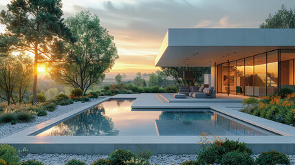 Fototapeta premium Minimalist villa with infinity pool and sunset view