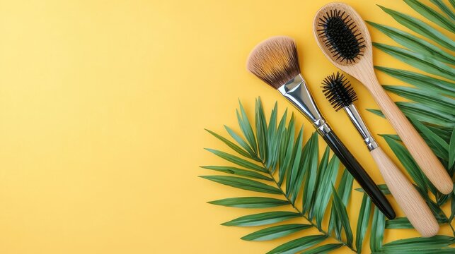 Tropical beauty tools on yellow. Flatlay for hair and makeup ads