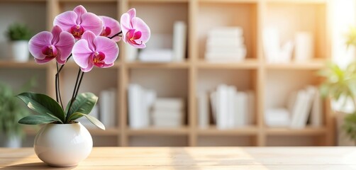 Pink orchid flower in white vase decorates wooden table surface against blurred bookshelf background. Interior scene embodies nature elements, spring bloom, beauty concept, soft light, cozy home