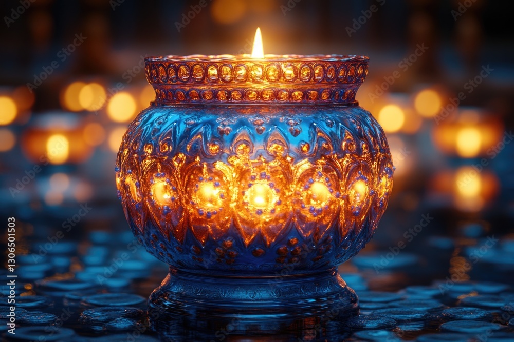 Poster A single lit candle sitting on a table with a simple and elegant design