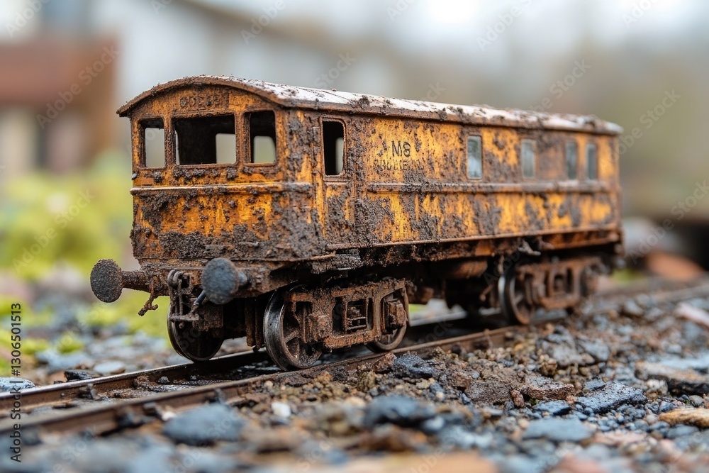 Poster abandoned train car sitting on the tracks with rust and decay